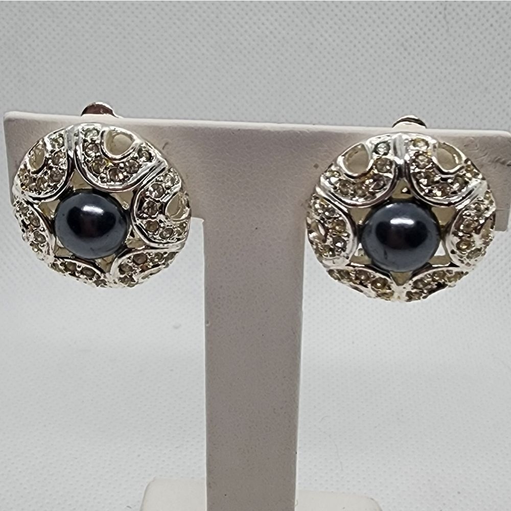 Napier Silver, Rhinestones, & Gray Faux Pearl Clip-On Earrings